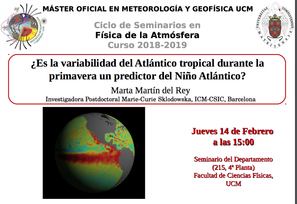 Conferencia de Marta Martín del Rey: ¿Es la variabilidad del Atlántico tropical durante la primavera un predictor del Niño Atlántico? 